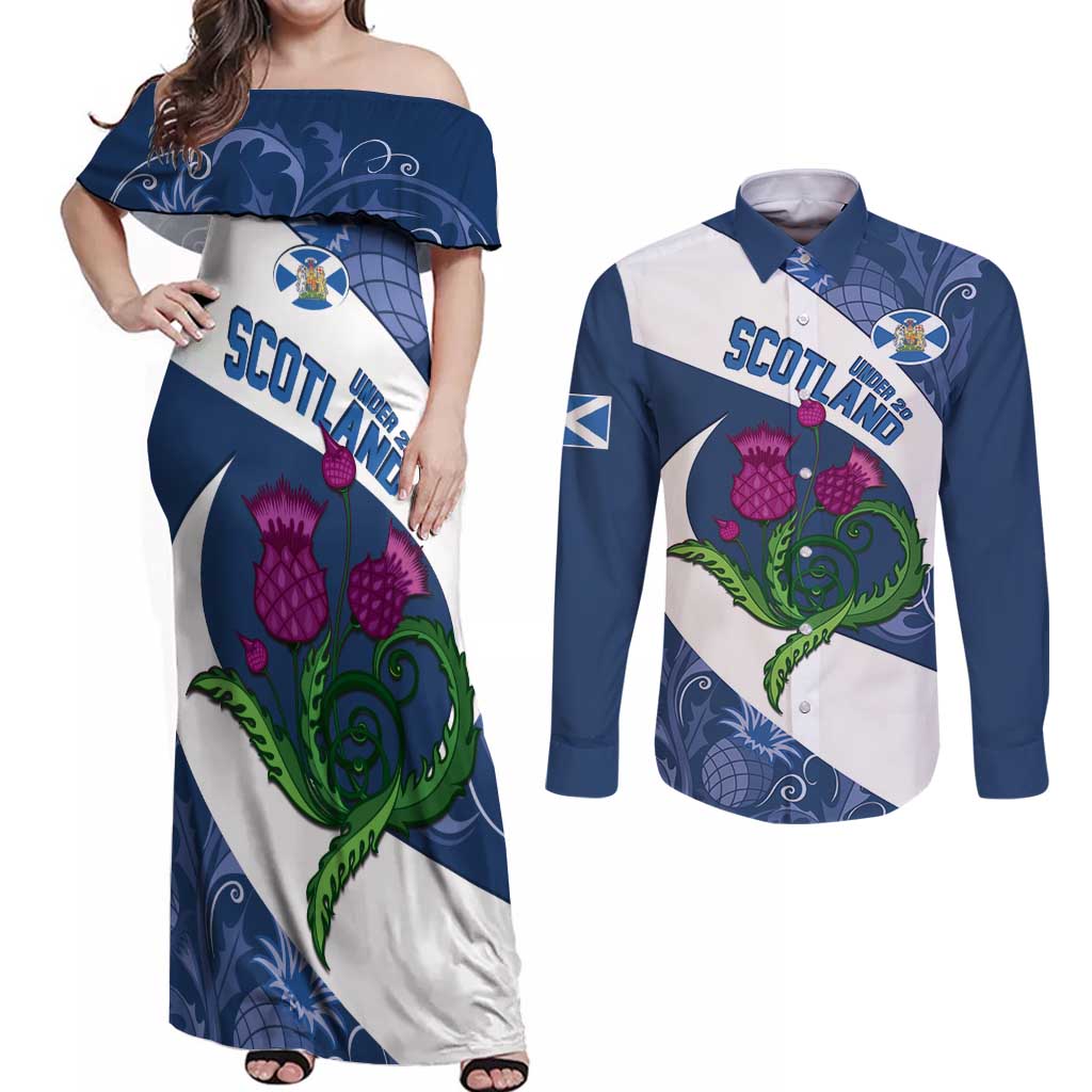 Custom Scotland Rugby Couples Matching Off Shoulder Maxi Dress and Long Sleeve Button Shirt 2024 Go Champions Scottish Thistles