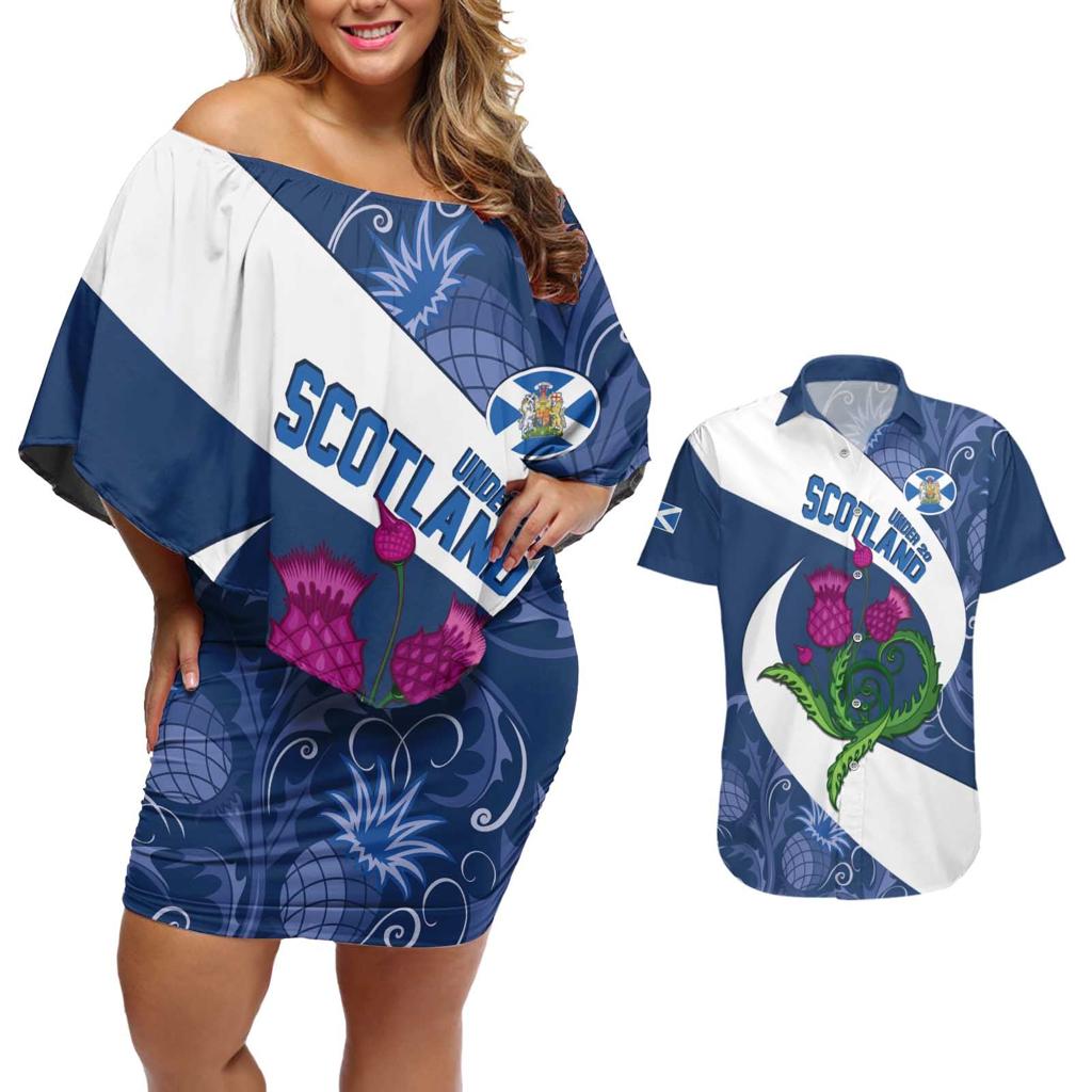 Custom Scotland Rugby Couples Matching Off Shoulder Short Dress and Hawaiian Shirt 2024 Go Champions Scottish Thistles