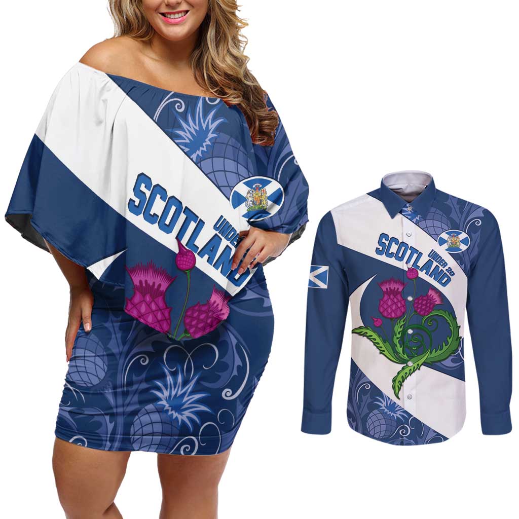 Custom Scotland Rugby Couples Matching Off Shoulder Short Dress and Long Sleeve Button Shirt 2024 Go Champions Scottish Thistles