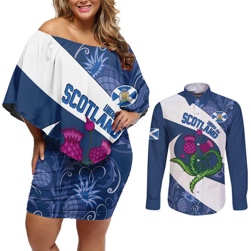 Custom Scotland Rugby Couples Matching Off Shoulder Short Dress and Long Sleeve Button Shirt 2024 Go Champions Scottish Thistles