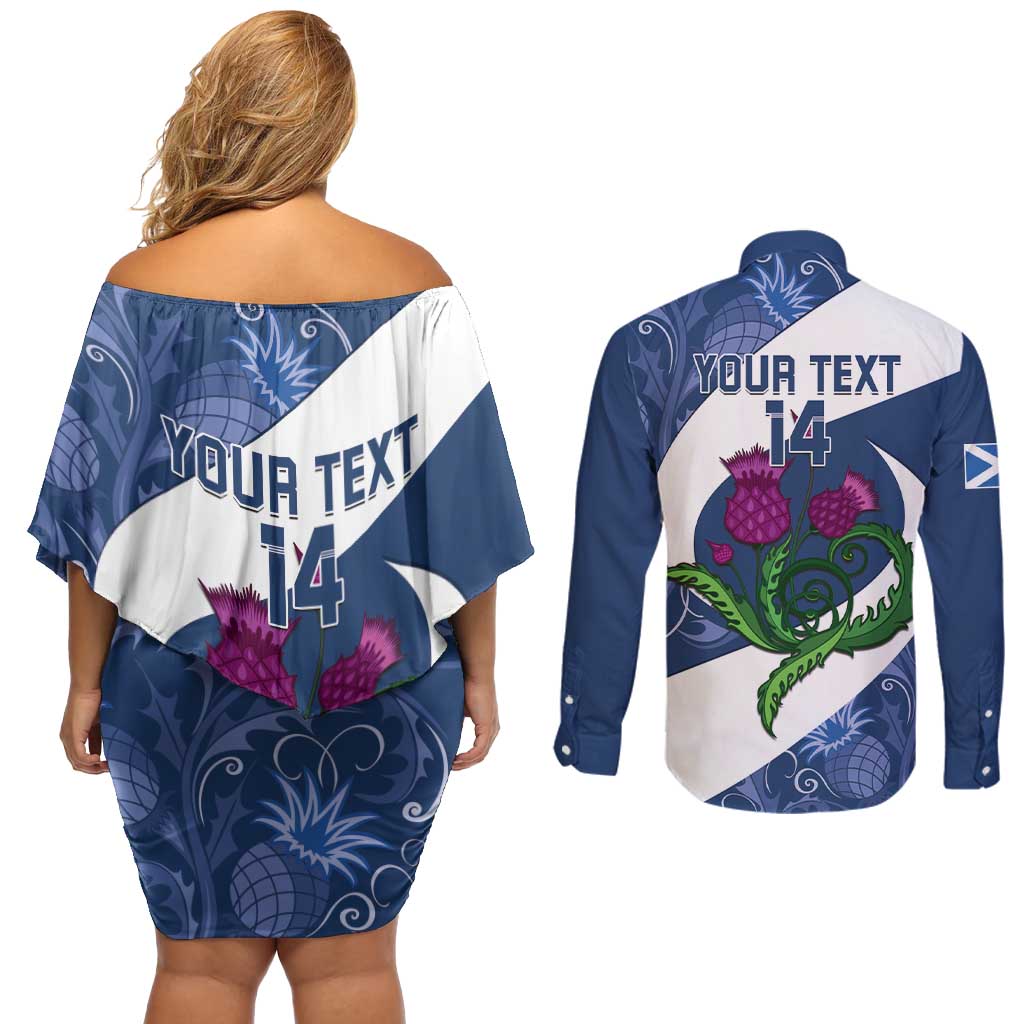 Custom Scotland Rugby Couples Matching Off Shoulder Short Dress and Long Sleeve Button Shirt 2024 Go Champions Scottish Thistles