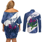 Custom Scotland Rugby Couples Matching Off Shoulder Short Dress and Long Sleeve Button Shirt 2024 Go Champions Scottish Thistles