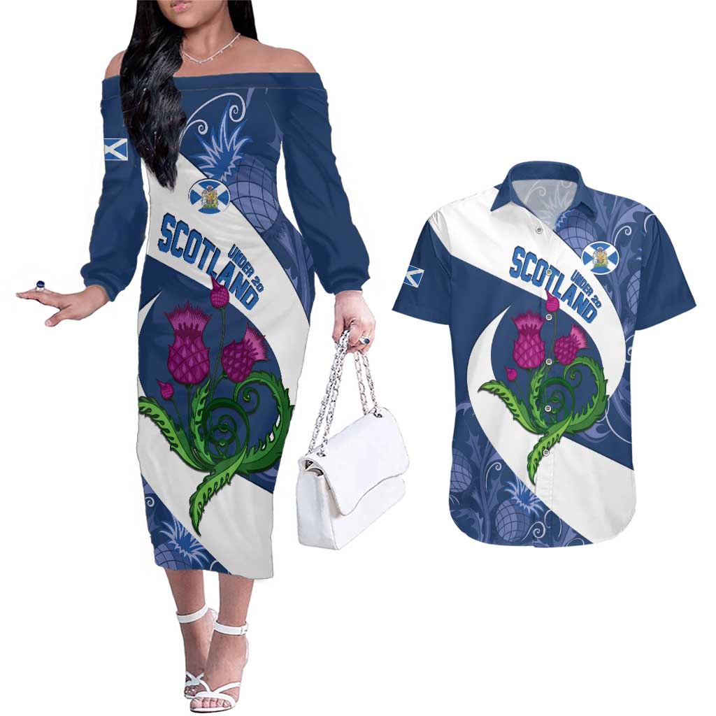Custom Scotland Rugby Couples Matching Off The Shoulder Long Sleeve Dress and Hawaiian Shirt 2024 Go Champions Scottish Thistles