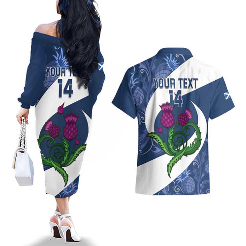 Custom Scotland Rugby Couples Matching Off The Shoulder Long Sleeve Dress and Hawaiian Shirt 2024 Go Champions Scottish Thistles
