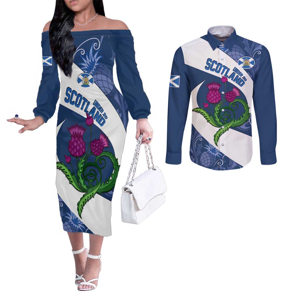 Custom Scotland Rugby Couples Matching Off The Shoulder Long Sleeve Dress and Long Sleeve Button Shirt 2024 Go Champions Scottish Thistles