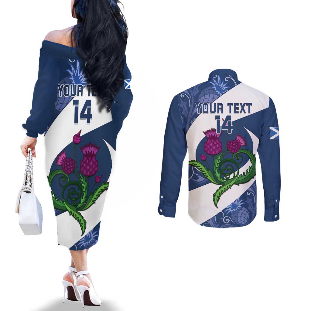 Custom Scotland Rugby Couples Matching Off The Shoulder Long Sleeve Dress and Long Sleeve Button Shirt 2024 Go Champions Scottish Thistles