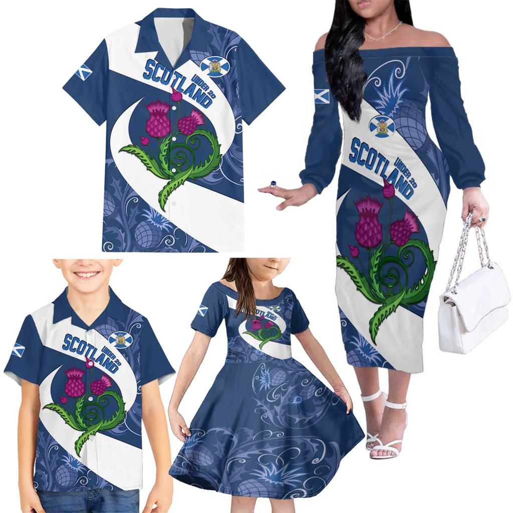 Custom Scotland Rugby Family Matching Off The Shoulder Long Sleeve Dress and Hawaiian Shirt 2024 Go Champions Scottish Thistles
