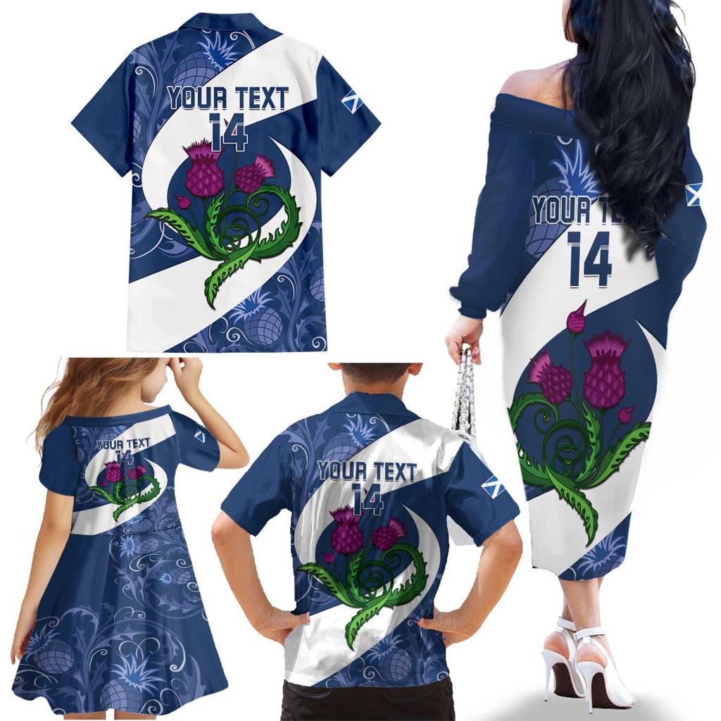 Custom Scotland Rugby Family Matching Off The Shoulder Long Sleeve Dress and Hawaiian Shirt 2024 Go Champions Scottish Thistles