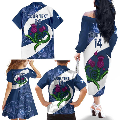 Custom Scotland Rugby Family Matching Off The Shoulder Long Sleeve Dress and Hawaiian Shirt 2024 Go Champions Scottish Thistles