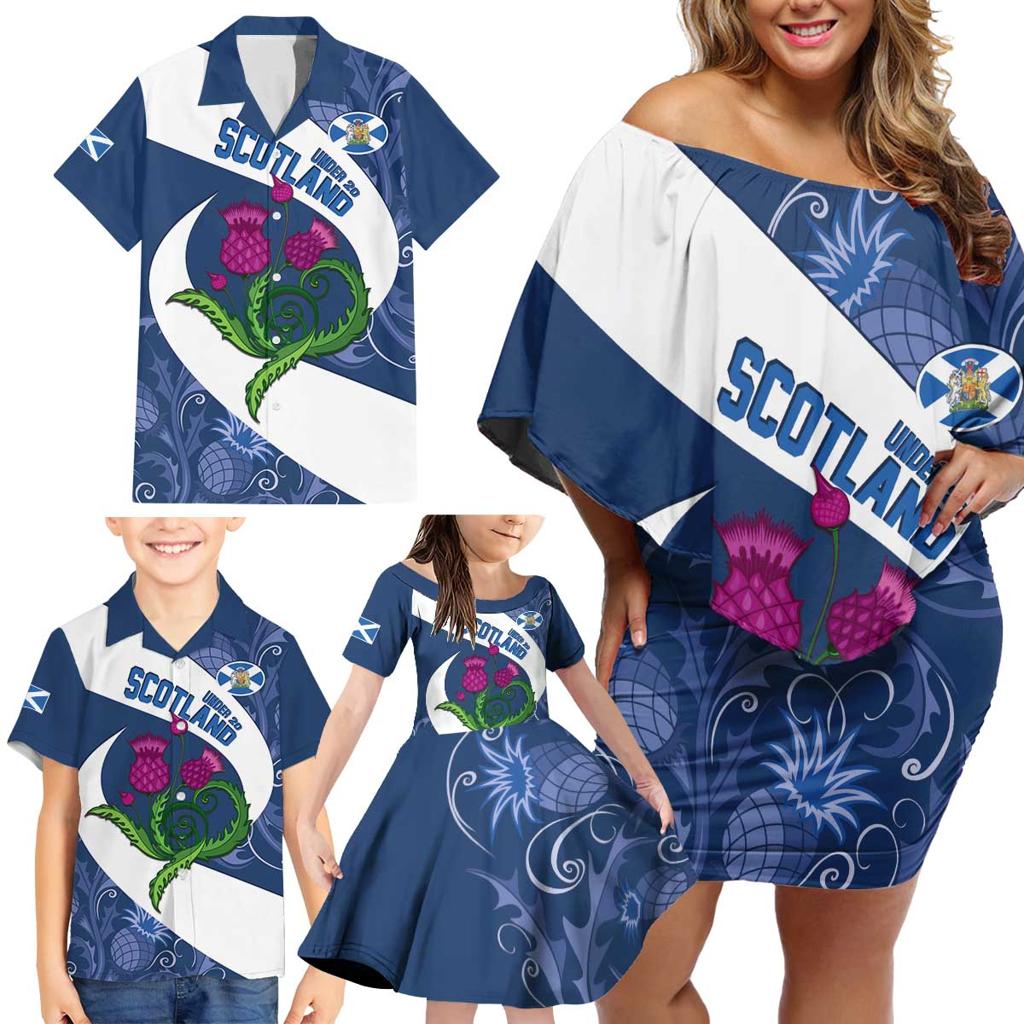 Custom Scotland Rugby Family Matching Off Shoulder Short Dress and Hawaiian Shirt 2024 Go Champions Scottish Thistles