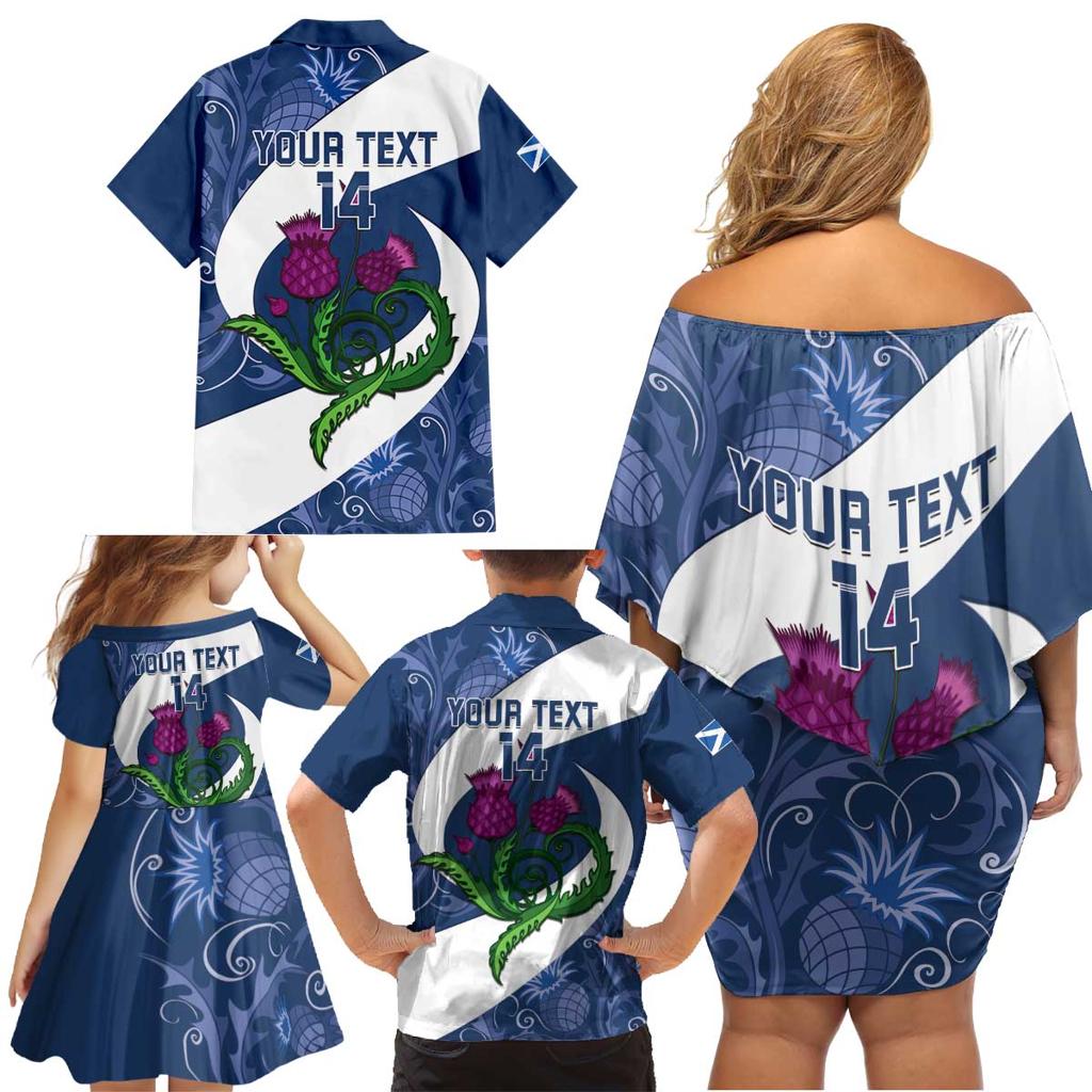 Custom Scotland Rugby Family Matching Off Shoulder Short Dress and Hawaiian Shirt 2024 Go Champions Scottish Thistles