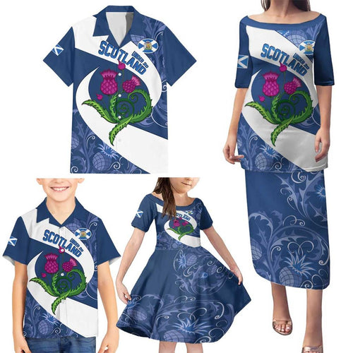 Custom Scotland Rugby Family Matching Puletasi and Hawaiian Shirt 2024 Go Champions Scottish Thistles