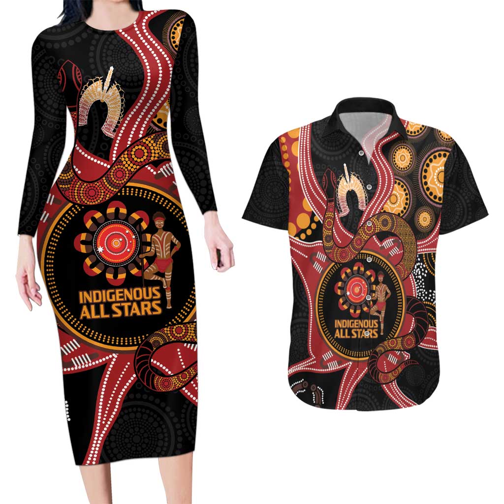 Custom Australia Indigenous Rugby Couples Matching Long Sleeve Bodycon Dress and Hawaiian Shirt 2024 Aboriginal All Stars