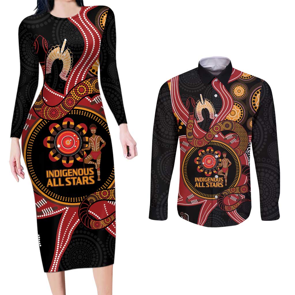 Custom Australia Indigenous Rugby Couples Matching Long Sleeve Bodycon Dress and Long Sleeve Button Shirt 2024 Aboriginal All Stars