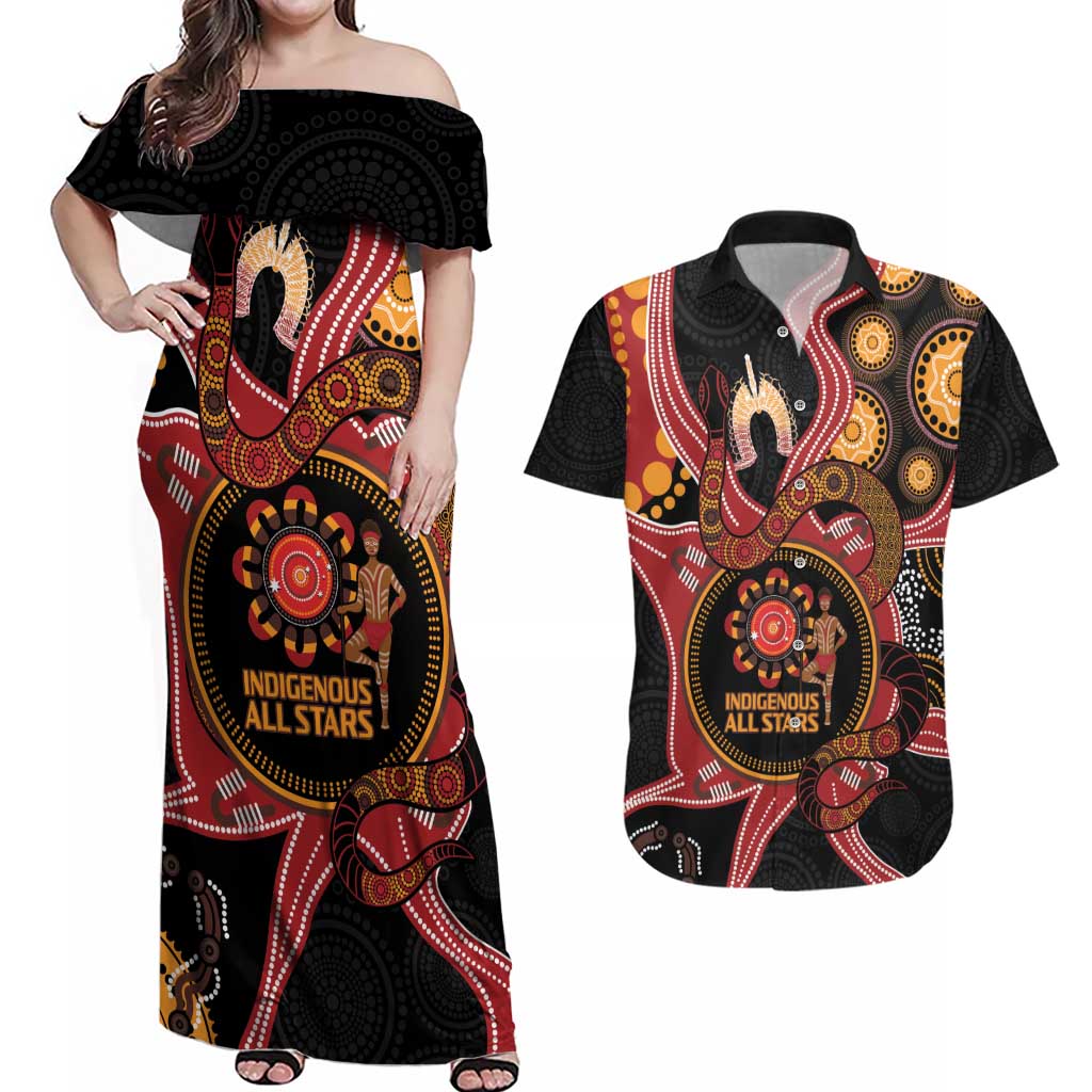 Custom Australia Indigenous Rugby Couples Matching Off Shoulder Maxi Dress and Hawaiian Shirt 2024 Aboriginal All Stars