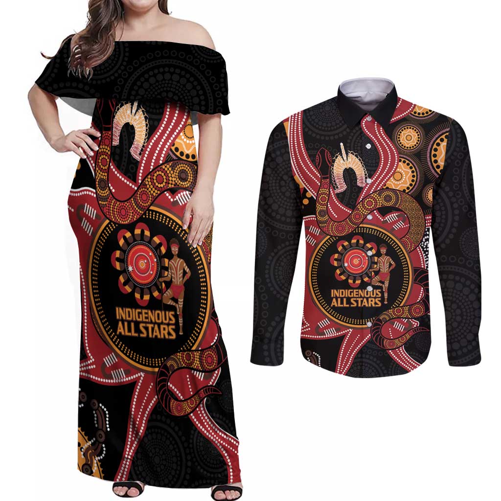 Custom Australia Indigenous Rugby Couples Matching Off Shoulder Maxi Dress and Long Sleeve Button Shirt 2024 Aboriginal All Stars