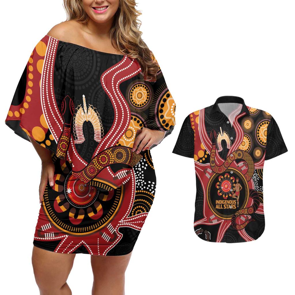 Custom Australia Indigenous Rugby Couples Matching Off Shoulder Short Dress and Hawaiian Shirt 2024 Aboriginal All Stars