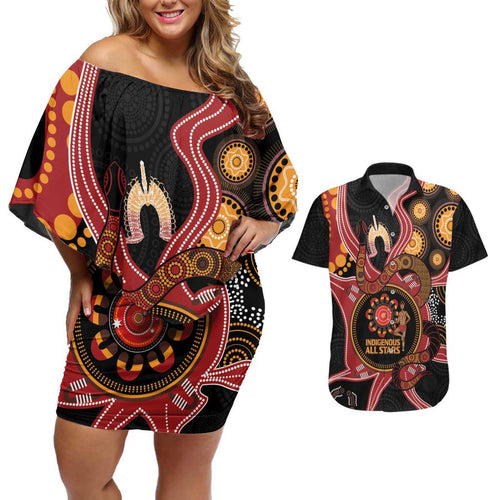 Custom Australia Indigenous Rugby Couples Matching Off Shoulder Short Dress and Hawaiian Shirt 2024 Aboriginal All Stars