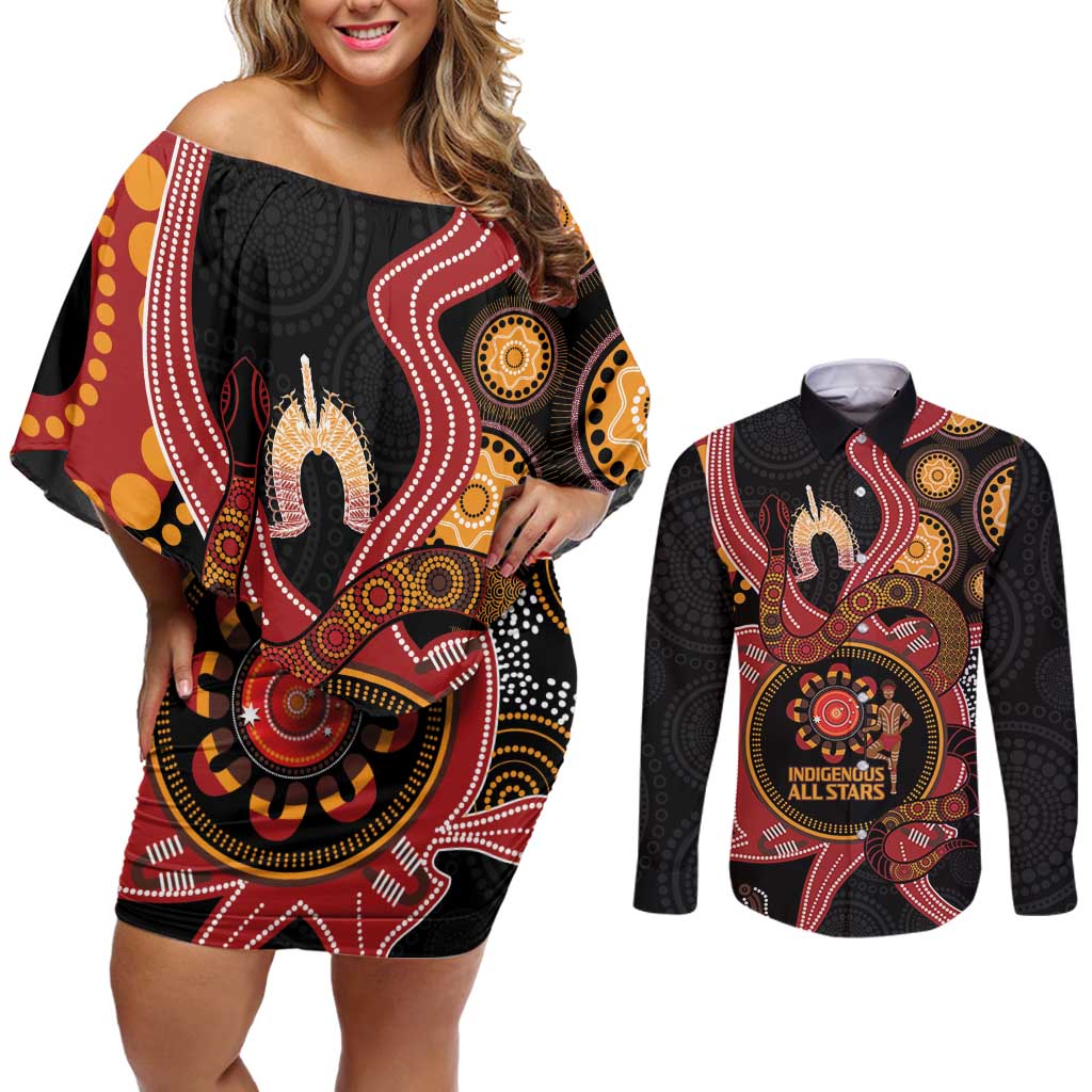 Custom Australia Indigenous Rugby Couples Matching Off Shoulder Short Dress and Long Sleeve Button Shirt 2024 Aboriginal All Stars