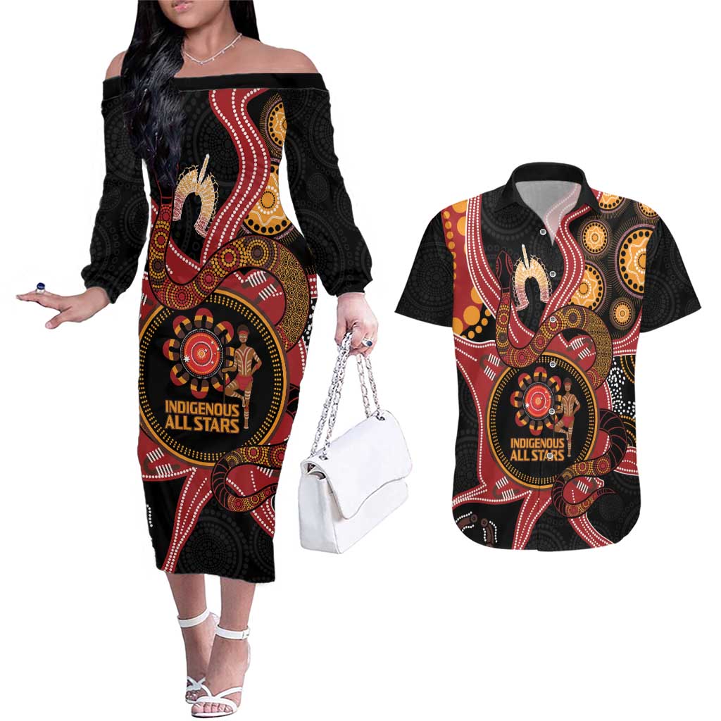 Custom Australia Indigenous Rugby Couples Matching Off The Shoulder Long Sleeve Dress and Hawaiian Shirt 2024 Aboriginal All Stars