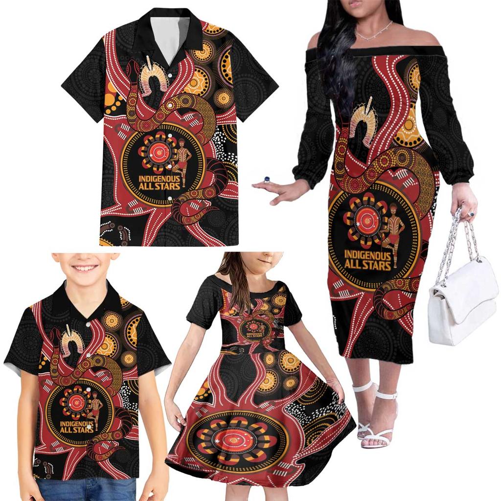 Custom Australia Indigenous Rugby Family Matching Off The Shoulder Long Sleeve Dress and Hawaiian Shirt 2024 Aboriginal All Stars