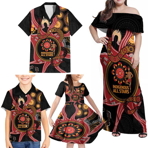 Custom Australia Indigenous Rugby Family Matching Off Shoulder Maxi Dress and Hawaiian Shirt 2024 Aboriginal All Stars