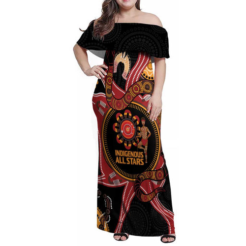 Custom Australia Indigenous Rugby Family Matching Off Shoulder Maxi Dress and Hawaiian Shirt 2024 Aboriginal All Stars