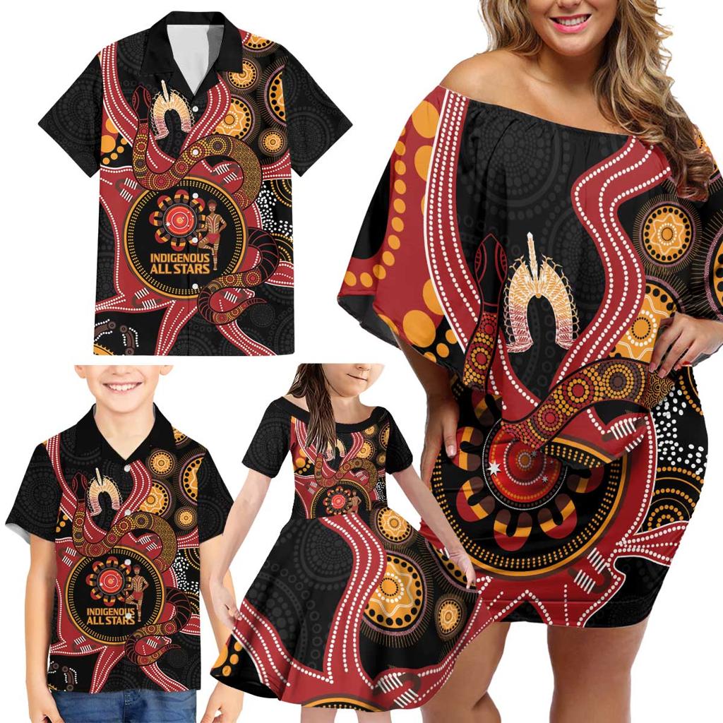 Custom Australia Indigenous Rugby Family Matching Off Shoulder Short Dress and Hawaiian Shirt 2024 Aboriginal All Stars