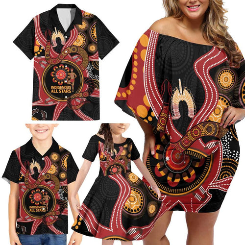 Custom Australia Indigenous Rugby Family Matching Off Shoulder Short Dress and Hawaiian Shirt 2024 Aboriginal All Stars