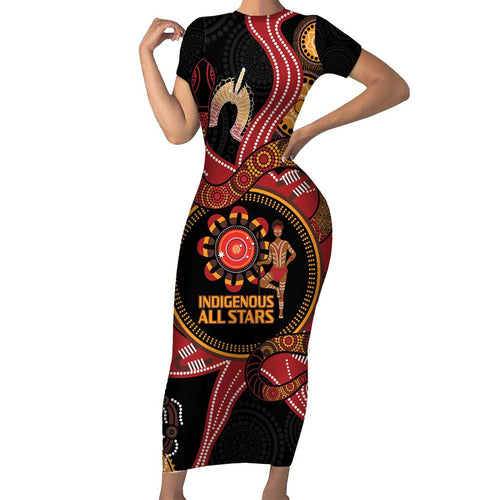 Custom Australia Indigenous Rugby Family Matching Short Sleeve Bodycon Dress and Hawaiian Shirt 2024 Aboriginal All Stars