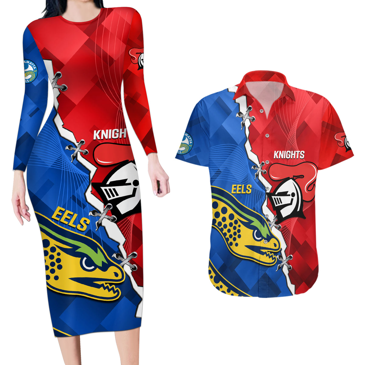 personalised-eels-and-knights-rugby-couples-matching-long-sleeve-bodycon-dress-and-hawaiian-shirt-2023-sporty-version