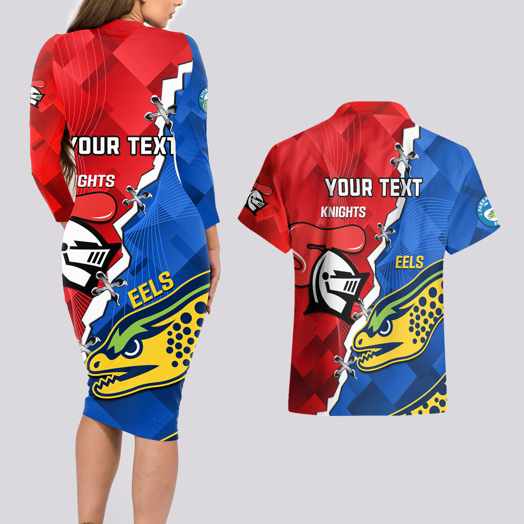 personalised-eels-and-knights-rugby-couples-matching-long-sleeve-bodycon-dress-and-hawaiian-shirt-2023-sporty-version