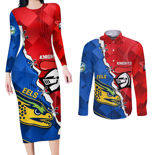 personalised-eels-and-knights-rugby-couples-matching-long-sleeve-bodycon-dress-and-long-sleeve-button-shirts-2023-sporty-version