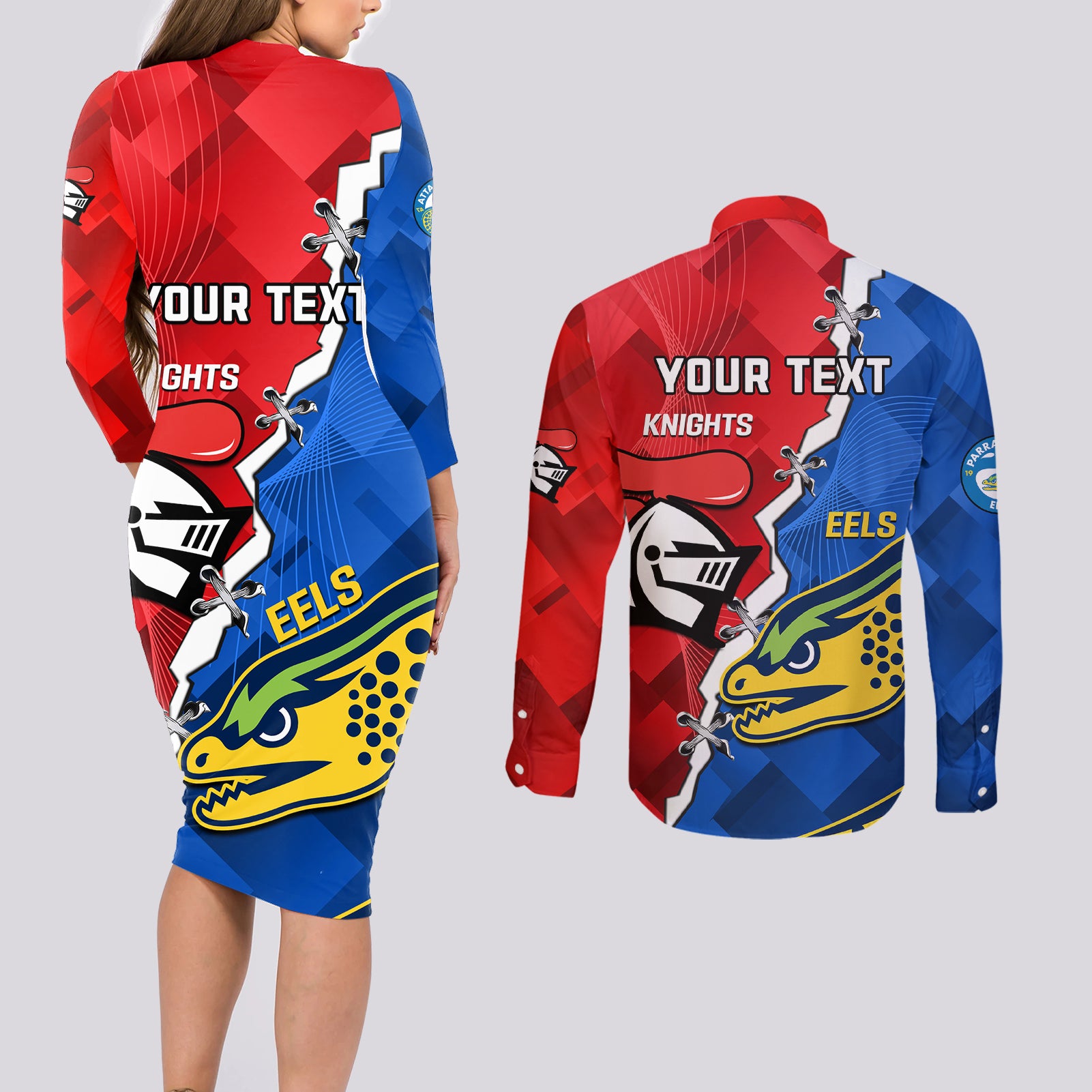 personalised-eels-and-knights-rugby-couples-matching-long-sleeve-bodycon-dress-and-long-sleeve-button-shirts-2023-sporty-version