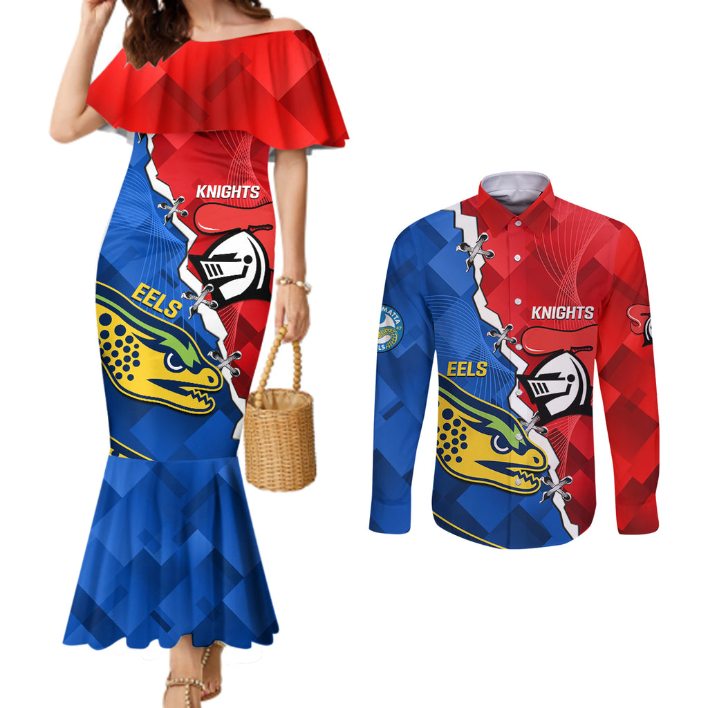 personalised-eels-and-knights-rugby-couples-matching-mermaid-dress-and-long-sleeve-button-shirts-2023-sporty-version