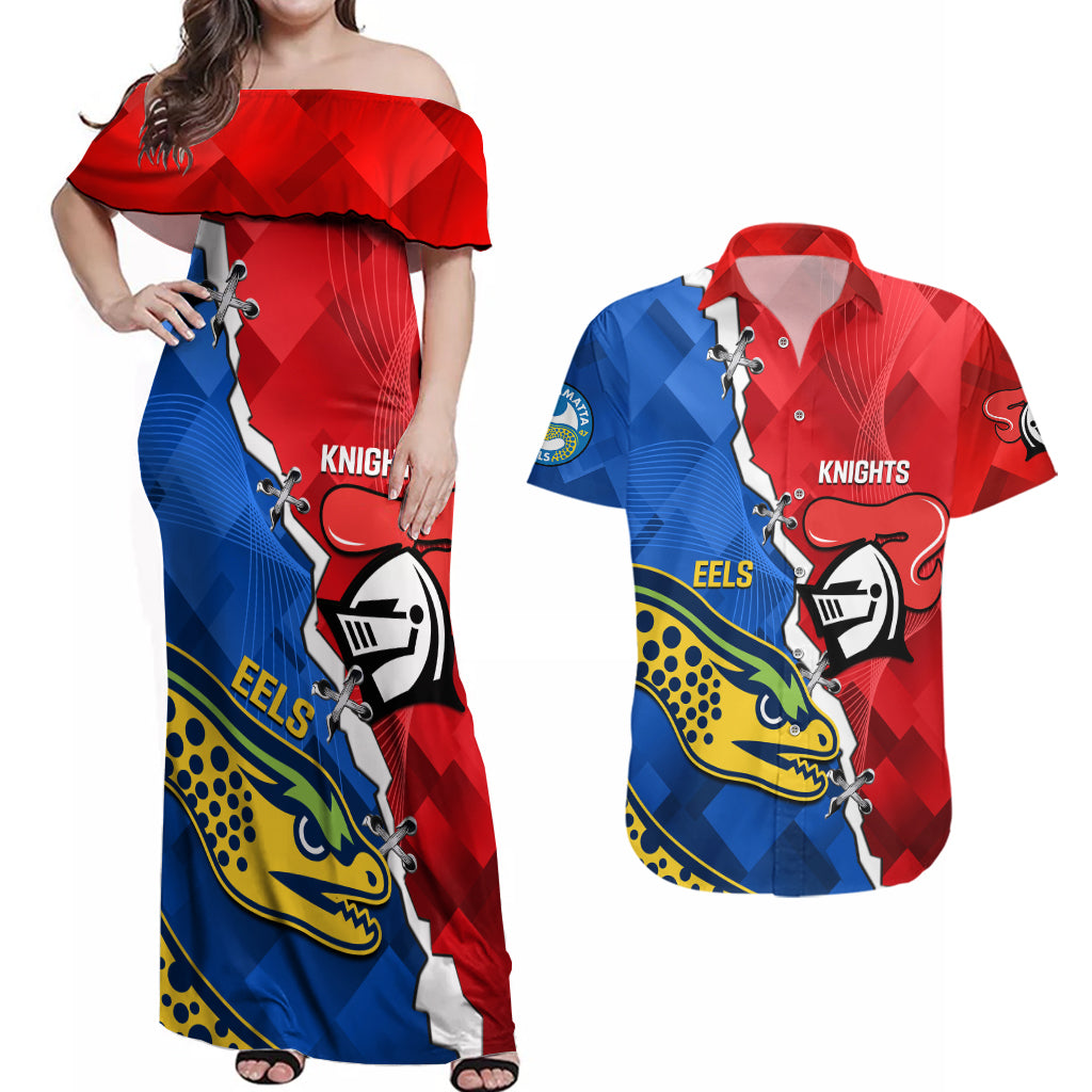 personalised-eels-and-knights-rugby-couples-matching-off-shoulder-maxi-dress-and-hawaiian-shirt-2023-sporty-version