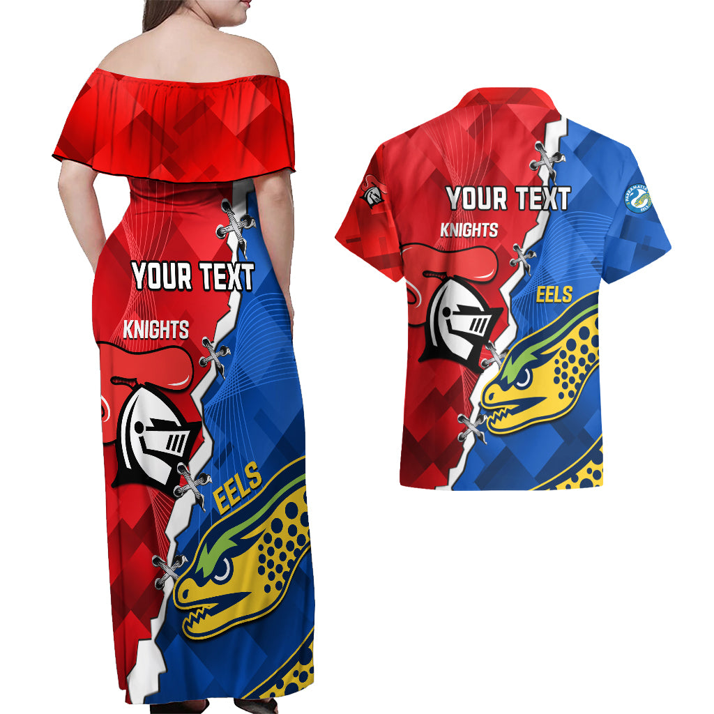personalised-eels-and-knights-rugby-couples-matching-off-shoulder-maxi-dress-and-hawaiian-shirt-2023-sporty-version