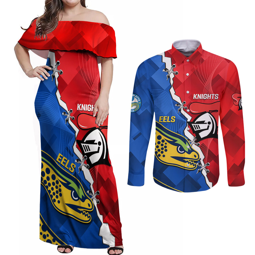 personalised-eels-and-knights-rugby-couples-matching-off-shoulder-maxi-dress-and-long-sleeve-button-shirts-2023-sporty-version