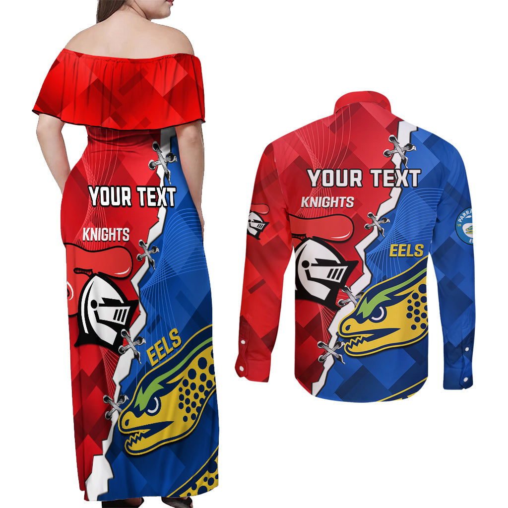 personalised-eels-and-knights-rugby-couples-matching-off-shoulder-maxi-dress-and-long-sleeve-button-shirts-2023-sporty-version