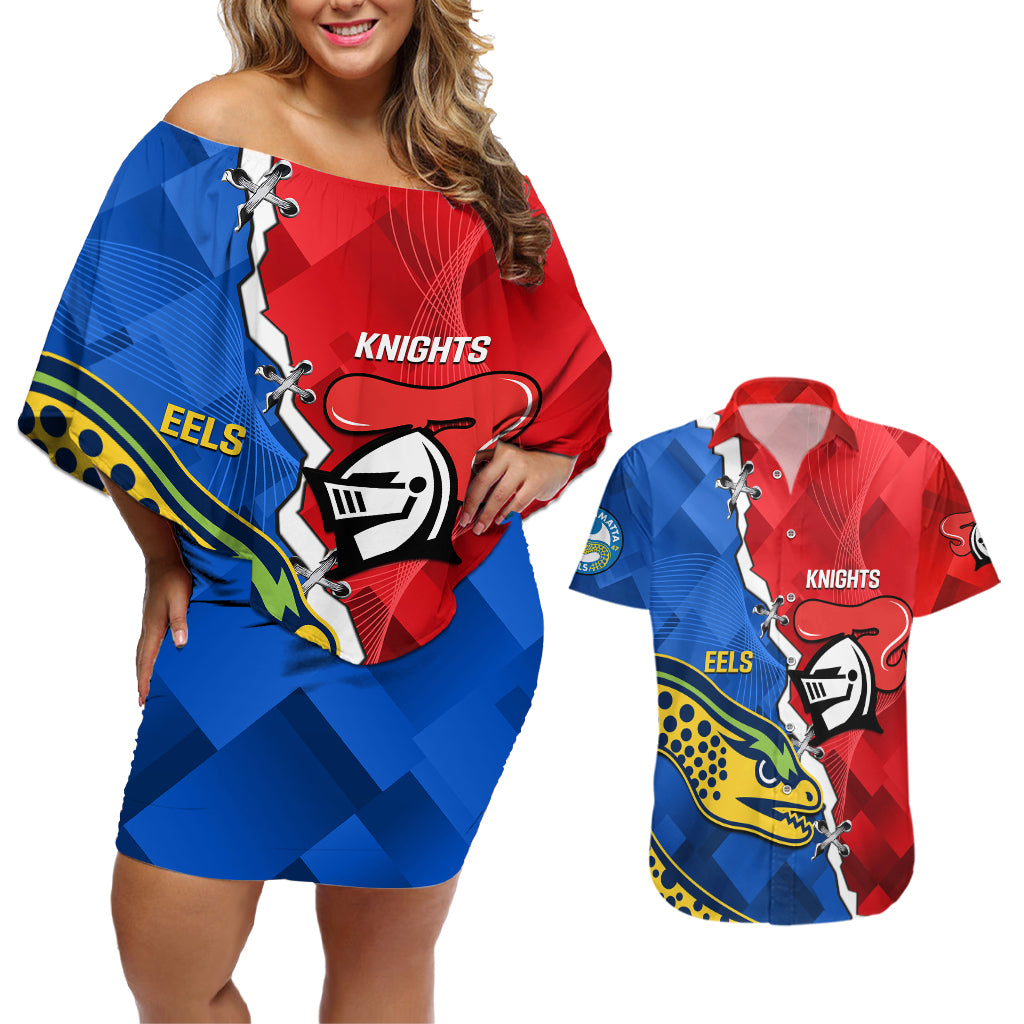 personalised-eels-and-knights-rugby-couples-matching-off-shoulder-short-dress-and-hawaiian-shirt-2023-sporty-version