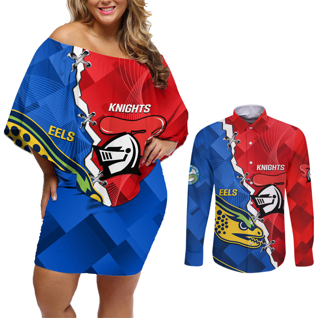 personalised-eels-and-knights-rugby-couples-matching-off-shoulder-short-dress-and-long-sleeve-button-shirts-2023-sporty-version