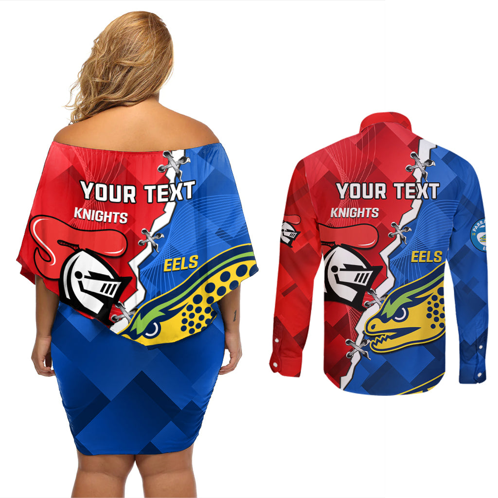 personalised-eels-and-knights-rugby-couples-matching-off-shoulder-short-dress-and-long-sleeve-button-shirts-2023-sporty-version
