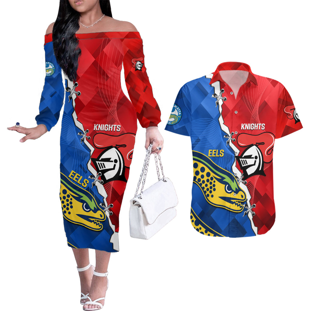 personalised-eels-and-knights-rugby-couples-matching-off-the-shoulder-long-sleeve-dress-and-hawaiian-shirt-2023-sporty-version