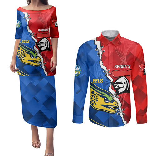 personalised-eels-and-knights-rugby-couples-matching-puletasi-dress-and-long-sleeve-button-shirts-2023-sporty-version