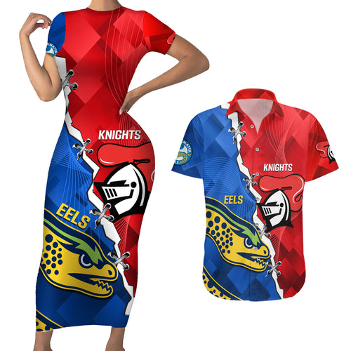 personalised-eels-and-knights-rugby-couples-matching-short-sleeve-bodycon-dress-and-hawaiian-shirt-2023-sporty-version