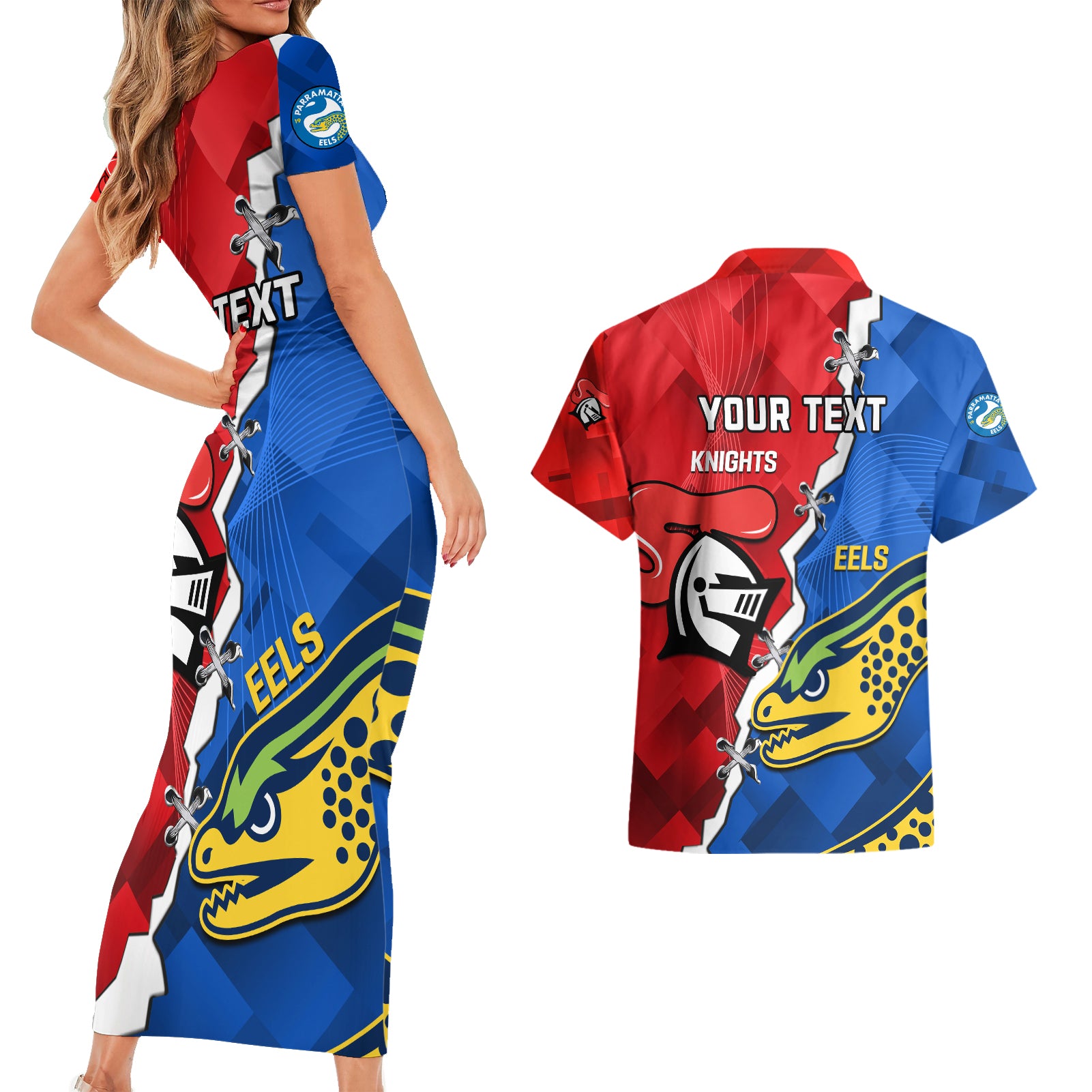 personalised-eels-and-knights-rugby-couples-matching-short-sleeve-bodycon-dress-and-hawaiian-shirt-2023-sporty-version