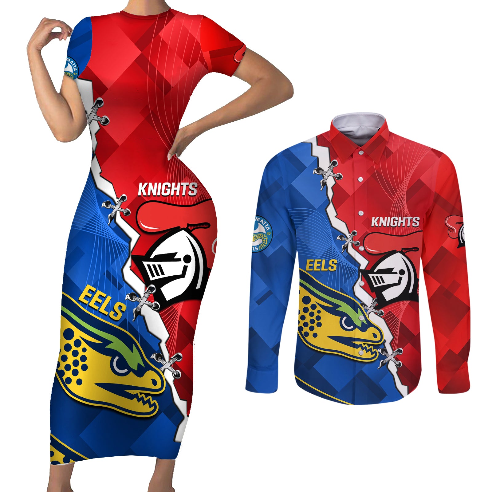 personalised-eels-and-knights-rugby-couples-matching-short-sleeve-bodycon-dress-and-long-sleeve-button-shirts-2023-sporty-version