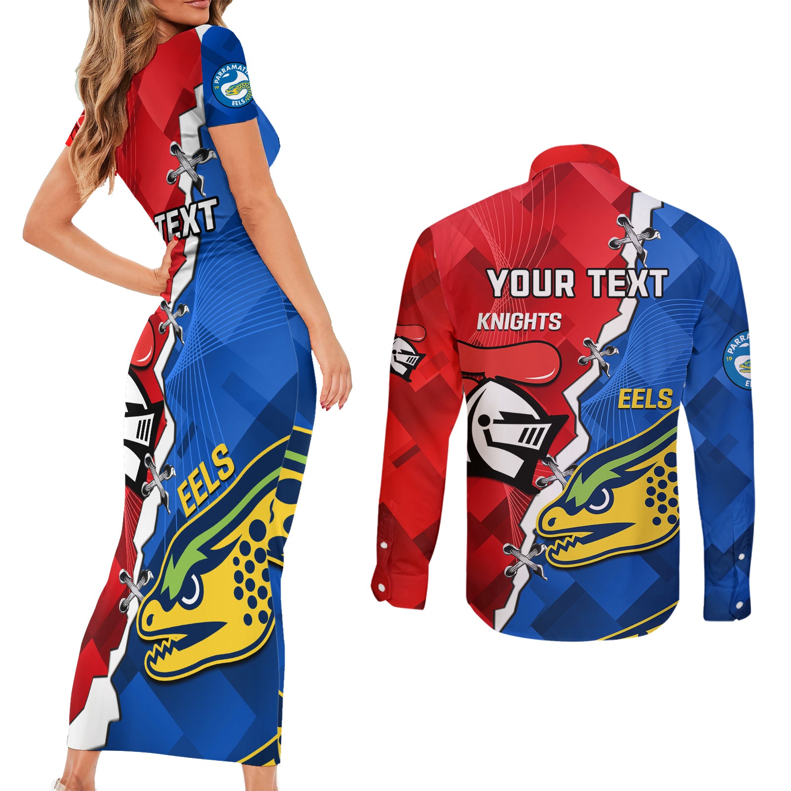 personalised-eels-and-knights-rugby-couples-matching-short-sleeve-bodycon-dress-and-long-sleeve-button-shirts-2023-sporty-version