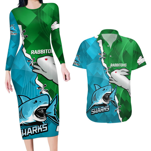 personalised-sharks-and-rabbitohs-rugby-couples-matching-long-sleeve-bodycon-dress-and-hawaiian-shirt-2023-sporty-version
