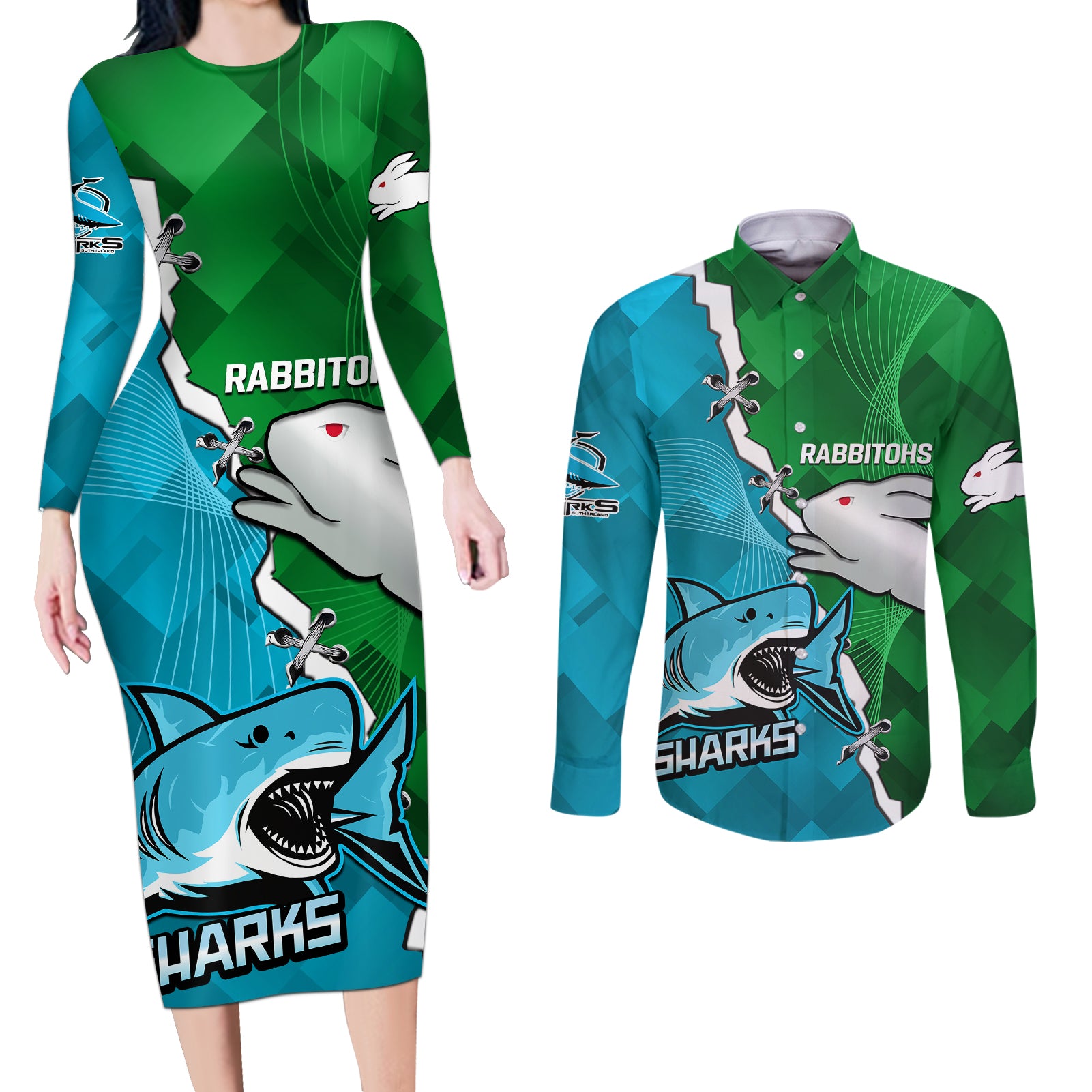 personalised-sharks-and-rabbitohs-rugby-couples-matching-long-sleeve-bodycon-dress-and-long-sleeve-button-shirts-2023-sporty-version